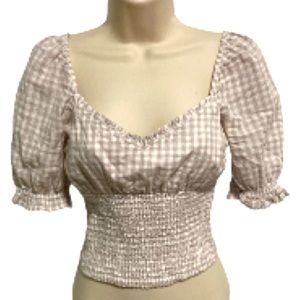 ABERCROMBIE and FITCH Milkmaid Smocked White and Tan Crop Top Blouse Womens XS